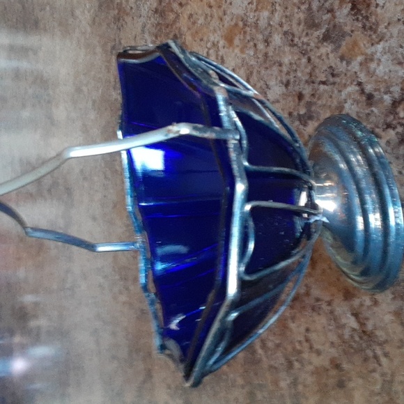 Beautiful antique cobalt glass removable sugar bowl inside a silver basket
